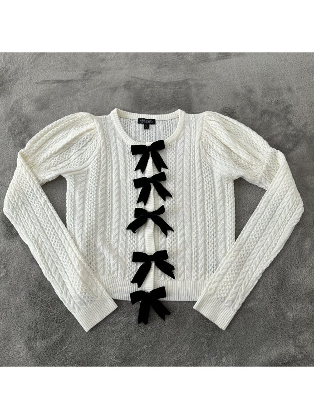 Dolls Kill Widow Moonlit Sweetness Knit Cardigan Black Bows Cream MEDIUM